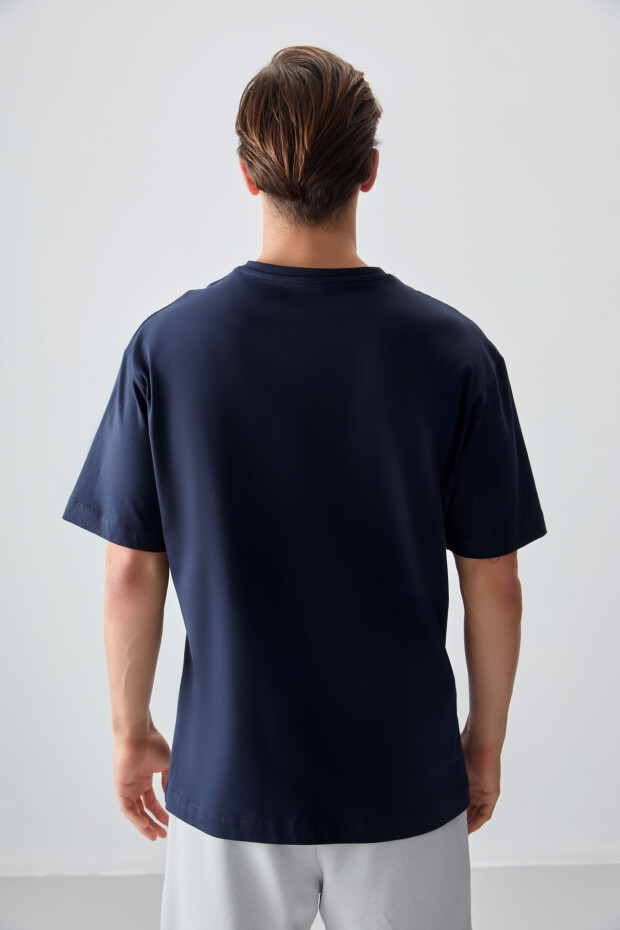 Lacivert %100 Pamuk Kalın Yumuşak Dokulu Oversize Fit Baskılı Erkek T-Shirt - 88355 - 4