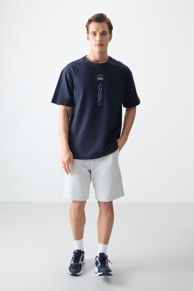 Lacivert %100 Pamuk Kalın Yumuşak Dokulu Oversize Fit Baskılı Erkek T-Shirt - 88355 - 3