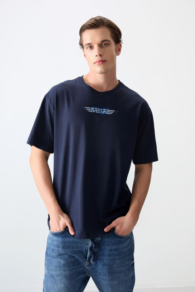 Lacivert %100 Pamuk Kalın Yumuşak Dokulu Oversize Fit Baskılı Erkek T-Shirt - 88356 - 4