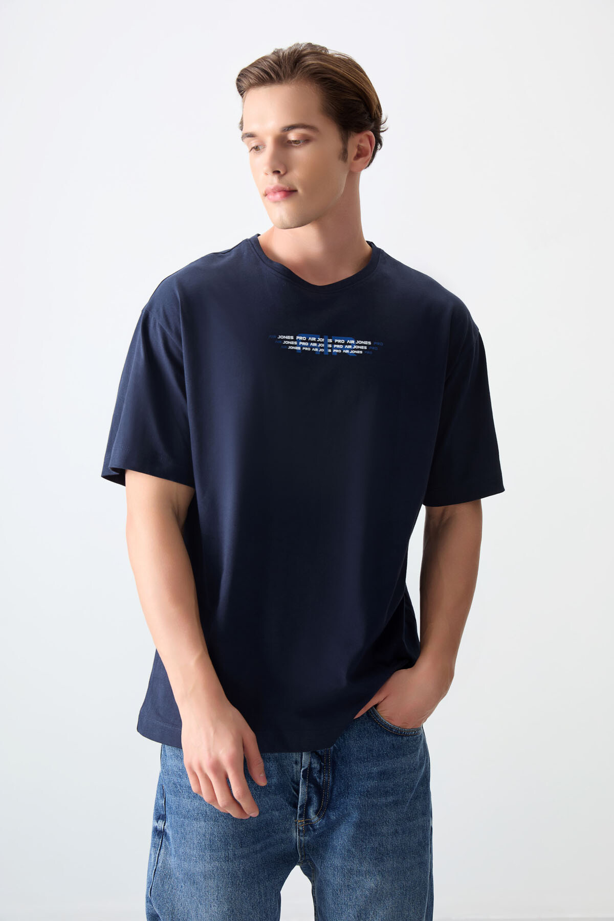 Lacivert %100 Pamuk Kalın Yumuşak Dokulu Oversize Fit Baskılı Erkek T-Shirt - 88356 - Air Jones