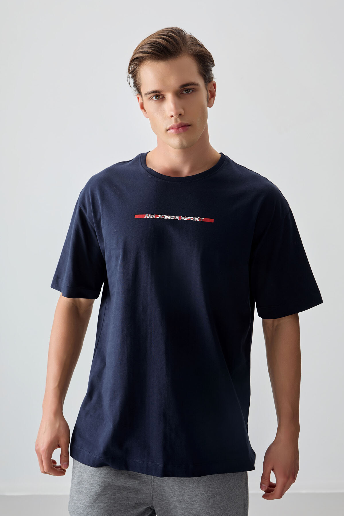 Lacivert %100 Pamuk Kalın Yumuşak Dokulu Oversize Fit Baskılı Erkek T-Shirt - 88358 - Air Jones