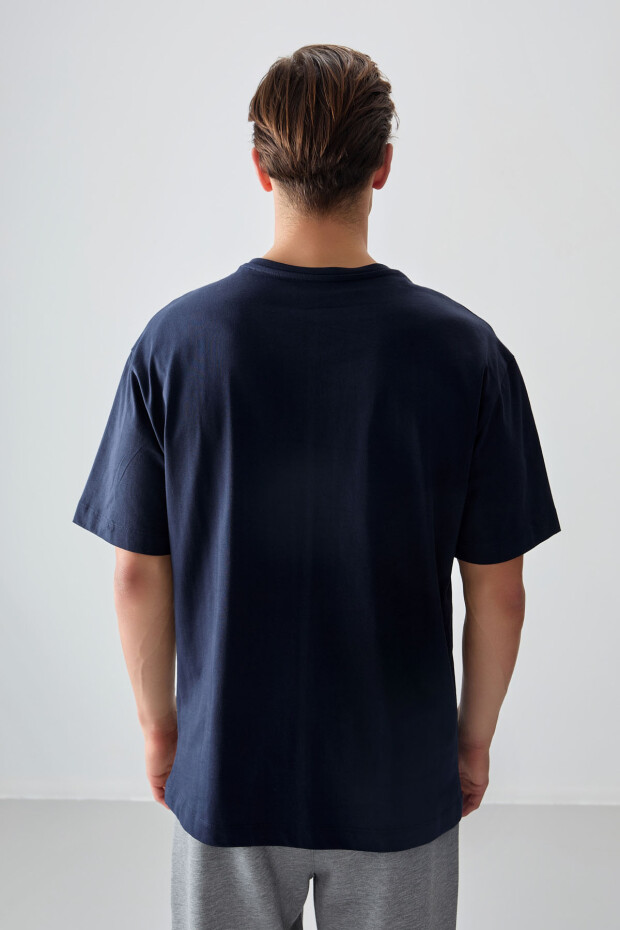 Lacivert %100 Pamuk Kalın Yumuşak Dokulu Oversize Fit Baskılı Erkek T-Shirt - 88358 - 5