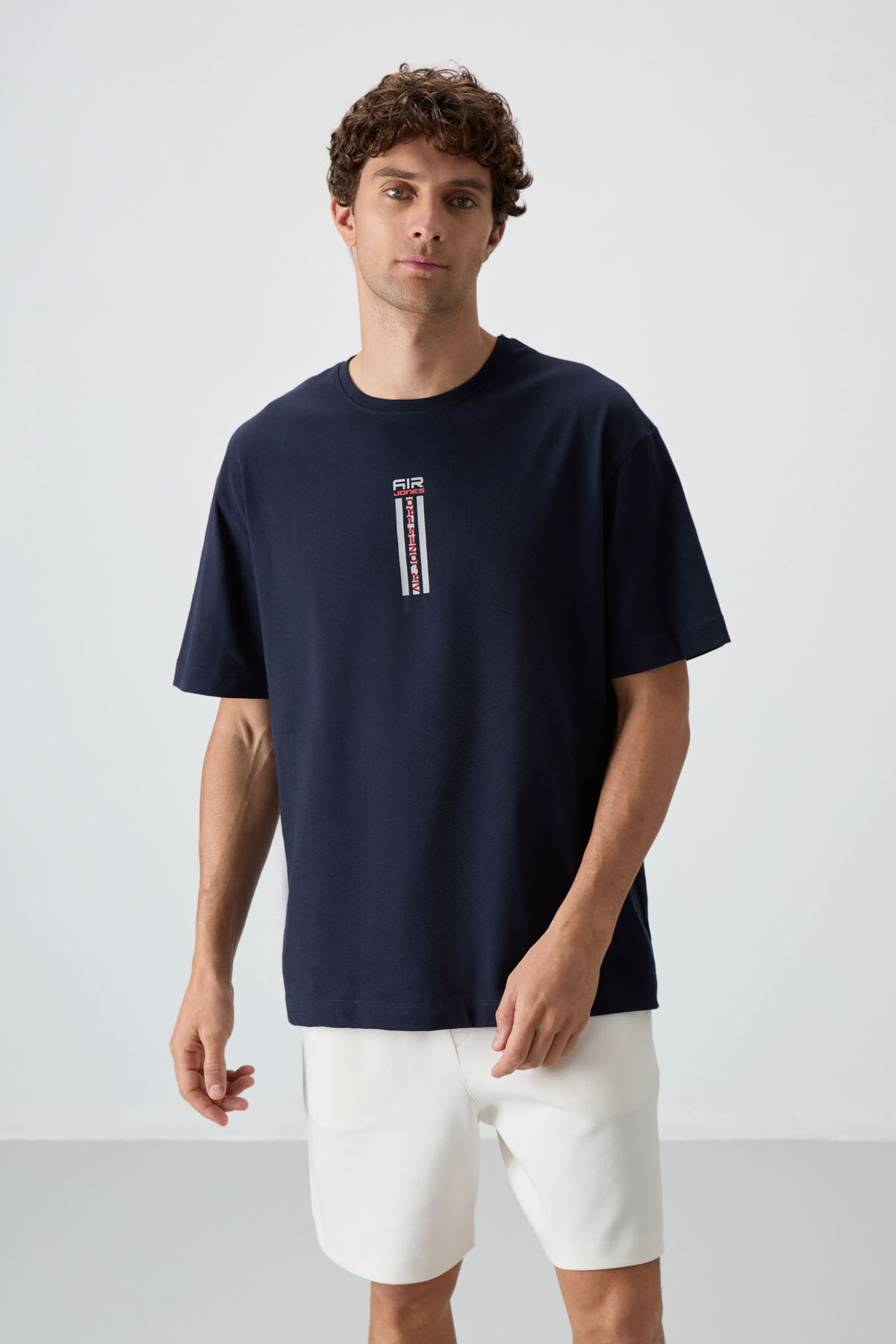 Lacivert %100 Pamuk Kalın Yumuşak Dokulu Oversize Fit Baskılı Erkek T-Shirt - 88360 - Air Jones
