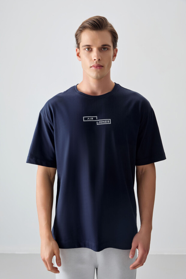 Lacivert %100 Pamuk Kalın Yumuşak Dokulu Oversize Fit Baskılı Erkek T-Shirt - 88361 - 3
