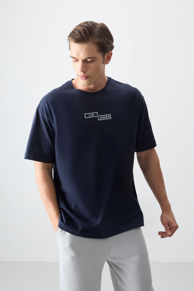Lacivert %100 Pamuk Kalın Yumuşak Dokulu Oversize Fit Baskılı Erkek T-Shirt - 88361 - 1