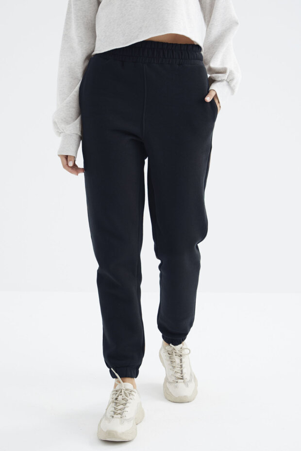 Lacivert Yüksek Bel Şardonlu 3 İplik Pamuklu Basic Kadın Eşofman Alt - 94624 - 4