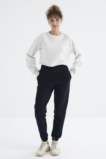 Lacivert Yüksek Bel Şardonlu 3 İplik Pamuklu Basic Kadın Eşofman Alt - 94624 