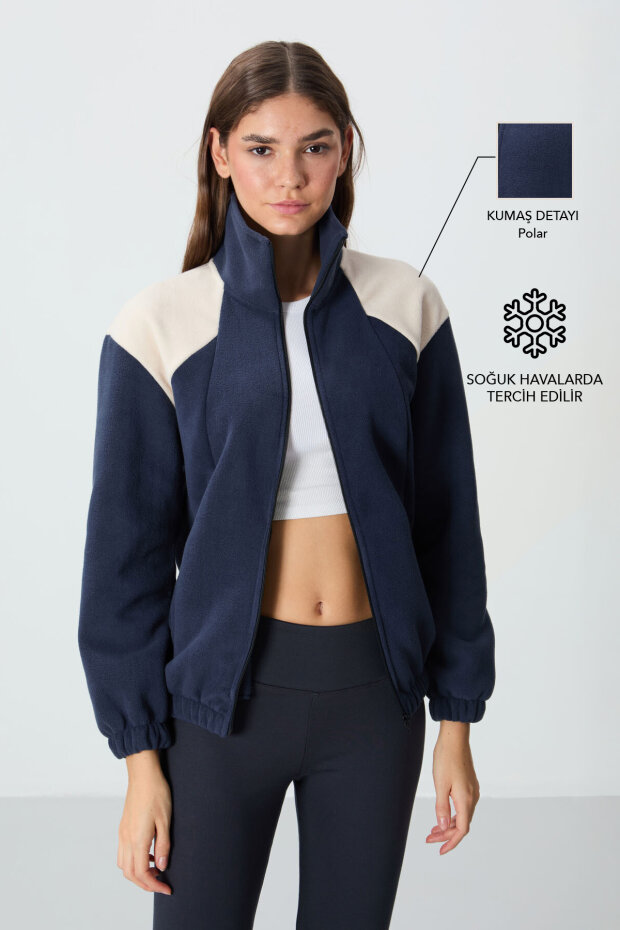 Lacivert Kalın Yumuşak Dokulu Dik Yaka Oversize Nakışlı Polar Kadın Sweatshirt - 97293 - 2