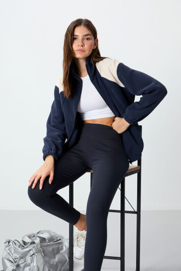 Lacivert Kalın Yumuşak Dokulu Dik Yaka Oversize Nakışlı Polar Kadın Sweatshirt - 97293 