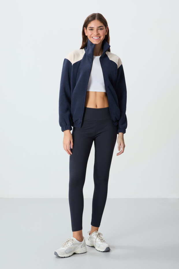 Lacivert Kalın Yumuşak Dokulu Dik Yaka Oversize Nakışlı Polar Kadın Sweatshirt - 97293 - 4