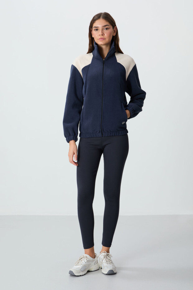 Lacivert Kalın Yumuşak Dokulu Dik Yaka Oversize Nakışlı Polar Kadın Sweatshirt - 97293 - 5