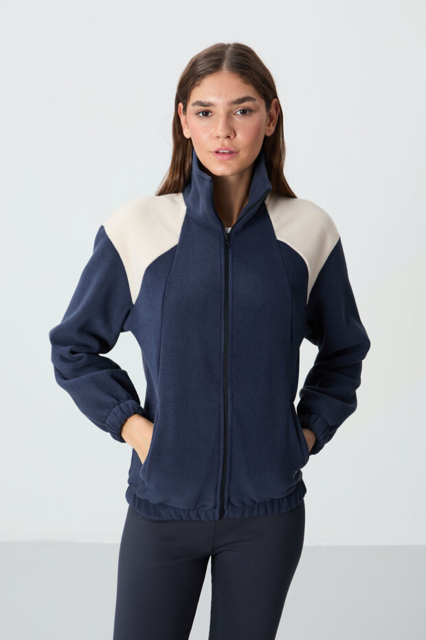 Lacivert Kalın Yumuşak Dokulu Dik Yaka Oversize Nakışlı Polar Kadın Sweatshirt - 97293 - 3