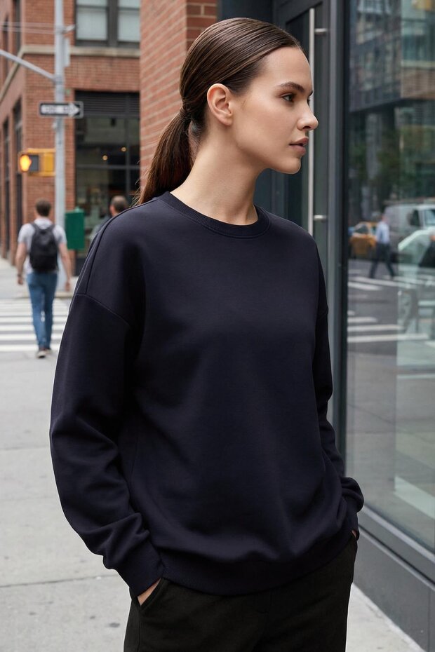 Lacivert Basic O Yaka Oversize Kadın Sweatshirt - 97053 - 3