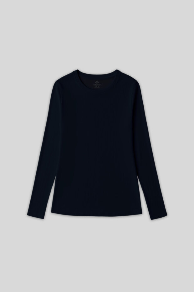 Lacivert O Yaka Standart Fit Uzun Kollu Basic Kadın T-Shirt - 97312 - 1
