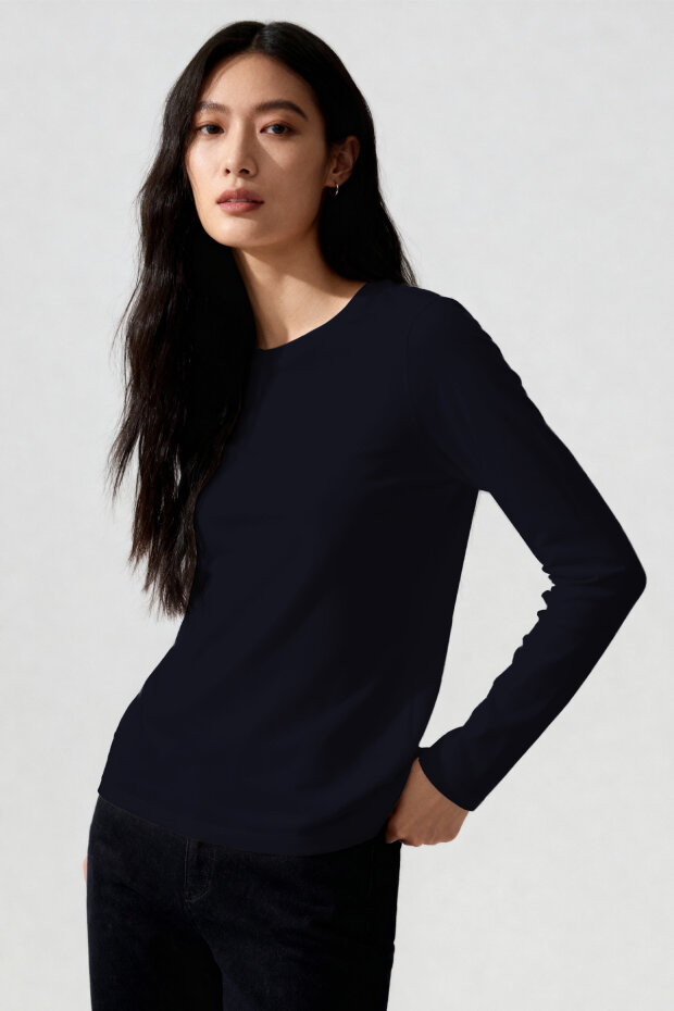 Lacivert O Yaka Slim Fit Uzun Kollu Basic Kadın T-Shirt - 97312 - 2