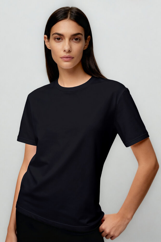 Lacivert O Yaka Standart Fit Basic Kadın T-Shirt - 97311 - 2