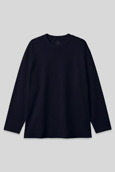 Lacivert O Yaka Rahat Form Battal Büyük Beden Uzun Kollu Erkek T-Shirt - 88107 