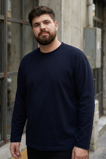 Lacivert O Yaka Rahat Form Battal Büyük Beden Uzun Kollu Erkek T-Shirt - 88107 