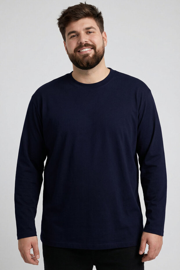 Lacivert O Yaka Rahat Form Battal Büyük Beden Uzun Kollu Erkek T-Shirt - 88107 - 3