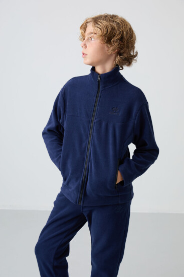 Lacivert Kalın Yumuşak Dokulu Standart Fit Nakışlı Polar Erkek Çocuk Sweatshirt - 11223 