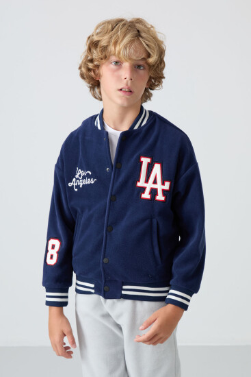 Lacivert Kalın Yumuşak Dokulu Standart Fit Nakışlı Polar Erkek Çocuk Kolej Ceket - 11227 - TOMMYLIFE (1)