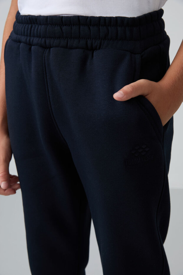 Lacivert Pamuklu Kalın İçi Tüylü Standart Fit Nakışlı Erkek Çocuk Eşofman Alt - 11224 - 4