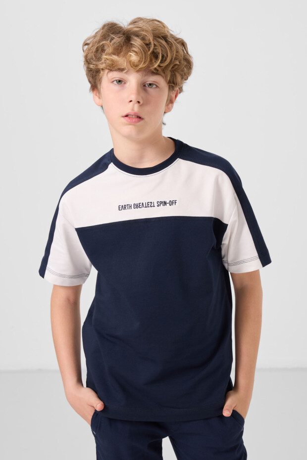 Lacivert Pamuklu Yumuşak Dokulu Oversize Fit Baskılı Erkek Çocuk T-Shirt - 11290
