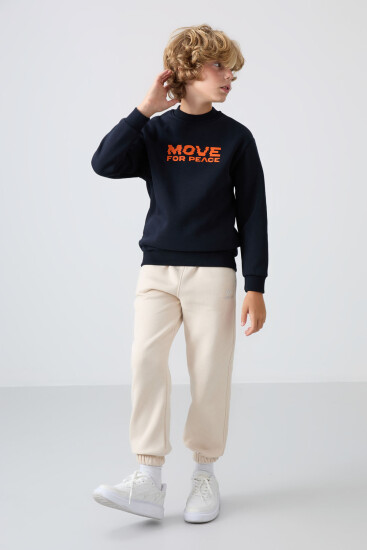 Lacivert Pamuklu Kalın İçi Tüylü Yumuşak Dokulu Standart Fit Baskılı Erkek Çocuk Sweatshirt - 11216 - TOMMYLIFE (1)
