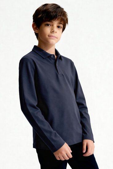 Lacivert Polo Yaka Basic Uzun Kollu Unisex Çocuk T-Shirt - 11170 - TOMMYLIFE (1)