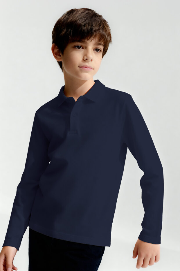 Lacivert Polo Yaka Basic Uzun Kollu Unisex Çocuk T-Shirt - 11170 - 2