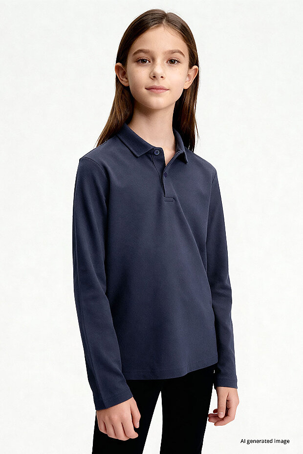 Lacivert Polo Yaka Basic Uzun Kollu Unisex Çocuk T-Shirt - 11170 - 3