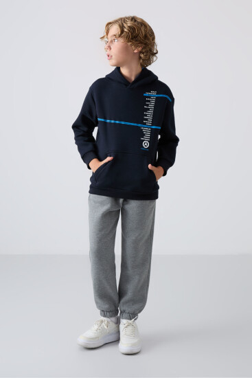 Lacivert Pamuklu Kalın İçi Tüylü Yumuşak Dokulu Standart Fit Baskılı Erkek Çocuk Sweatshirt - 11239 - TOMMYLIFE (1)