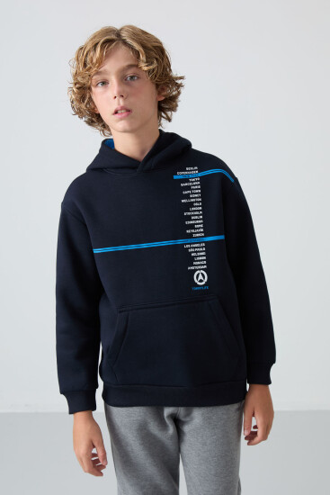 Lacivert Pamuklu Kalın İçi Tüylü Yumuşak Dokulu Standart Fit Baskılı Erkek Çocuk Sweatshirt - 11239 