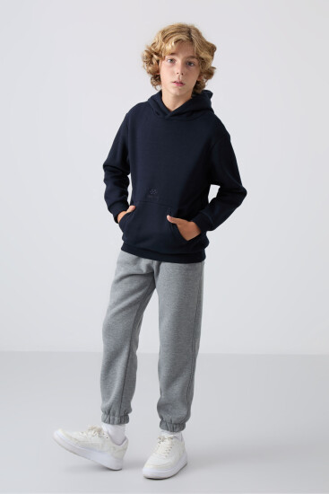 Lacivert Pamuklu Kalın İçi Tüylü Yumuşak Dokulu Standart Fit Baskılı Erkek Çocuk Sweatshirt - 11215 - TOMMYLIFE (1)