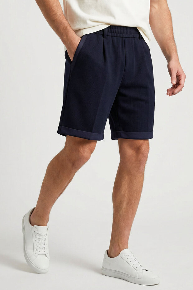 Lacivert Oversize Fit Basic Kemer Detaylı Erkek Şort - 81285 - 3