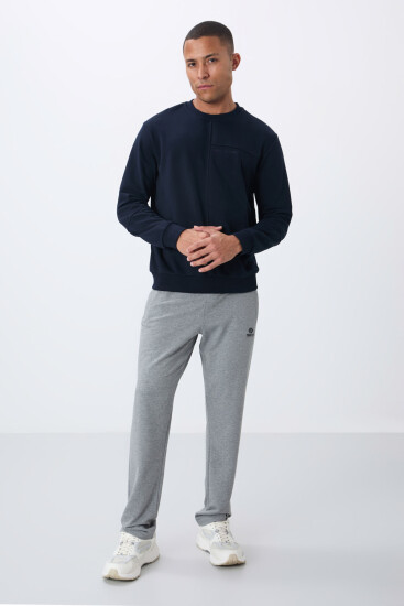 Lacivert Kompakt Pamuklu Kalın Pürüzsüz Dokulu O Yaka Standart Fit Erkek Sweatshirt -88405 - TOMMYLIFE (1)