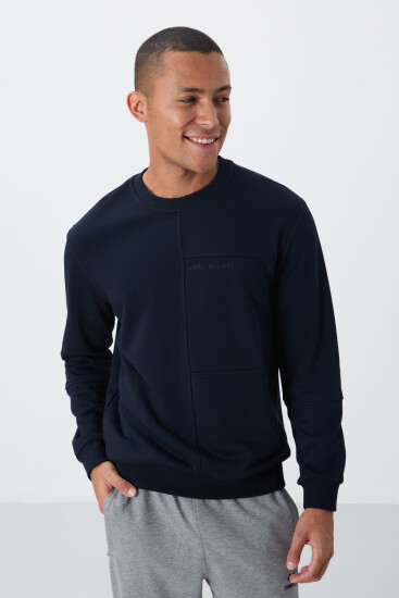 Lacivert Kompakt Pamuklu Kalın Pürüzsüz Dokulu O Yaka Standart Fit Erkek Sweatshirt -88405 