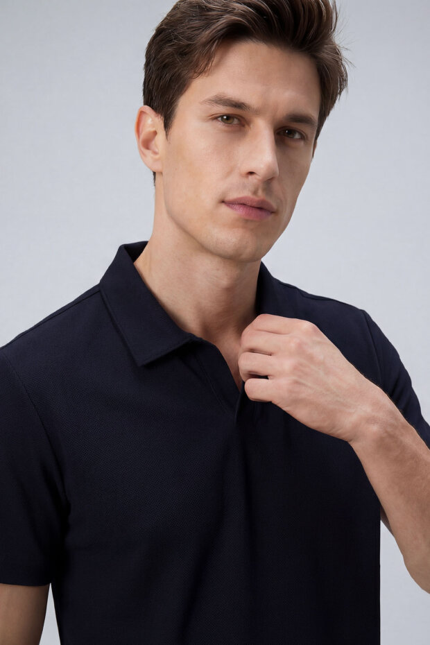 Lacivert Rahat Form Yumuşak Dokulu Polo Yaka Erkek T-Shirt - 88496 - 2