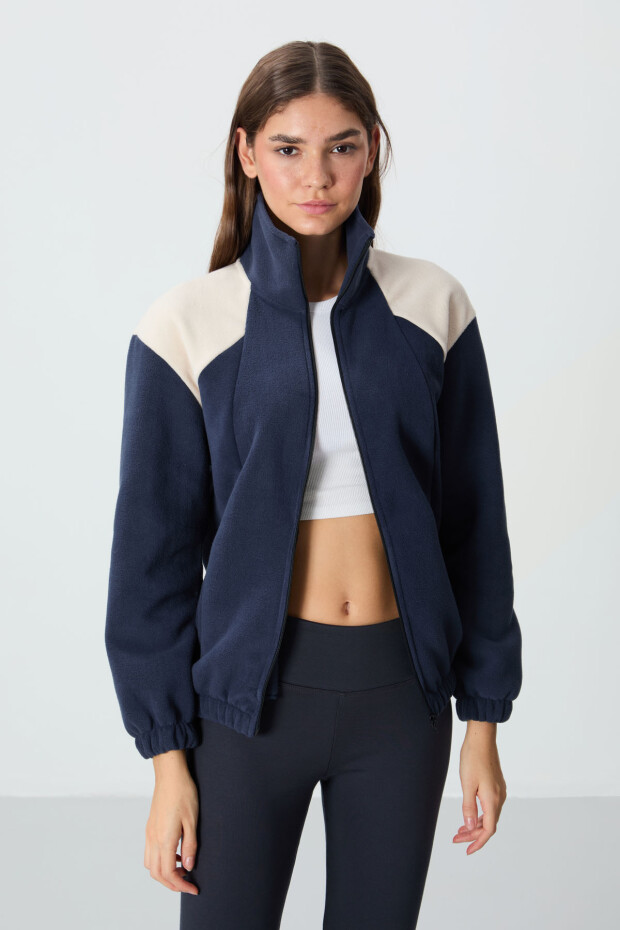 Lacivert Kalın Yumuşak Dokulu Dik Yaka Oversize Nakışlı Polar Kadın Sweatshirt - 97293 - 7