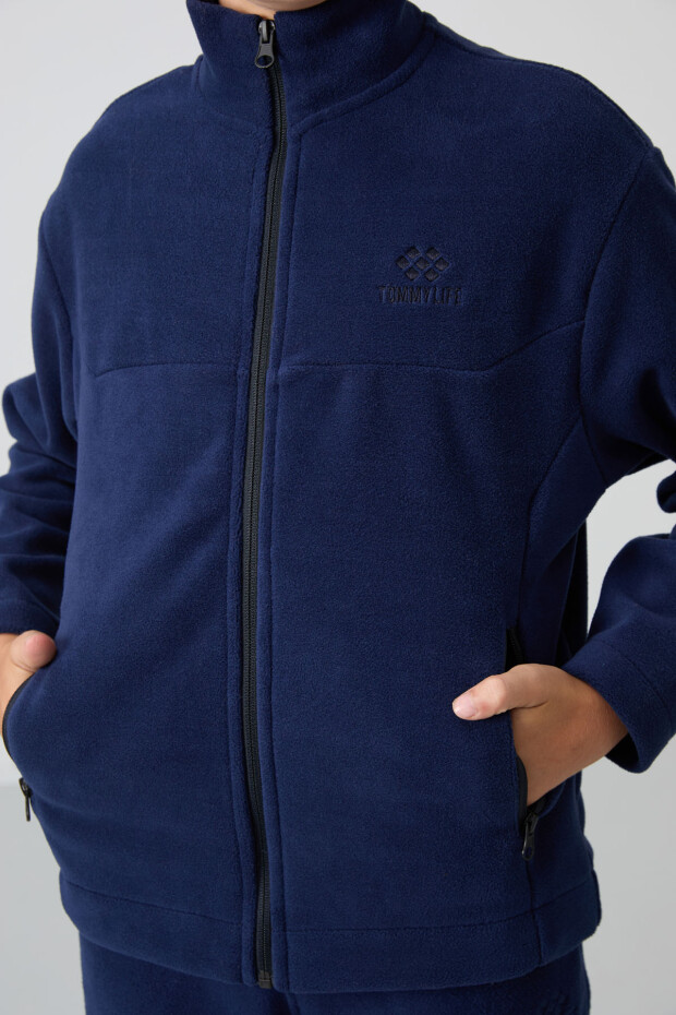 Lacivert Kalın Yumuşak Dokulu Standart Fit Nakışlı Polar Erkek Çocuk Sweatshirt - 11223 - 3
