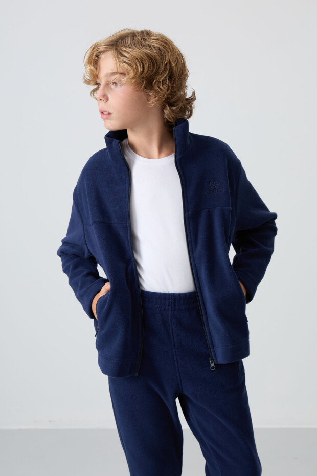Lacivert Kalın Yumuşak Dokulu Standart Fit Nakışlı Polar Erkek Çocuk Sweatshirt - 11223 - 4