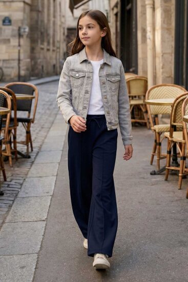 Lacivert Cepli Ön Dikiş Detaylı Geniş Paça Kız Çocuk Eşofman Altı -75144 