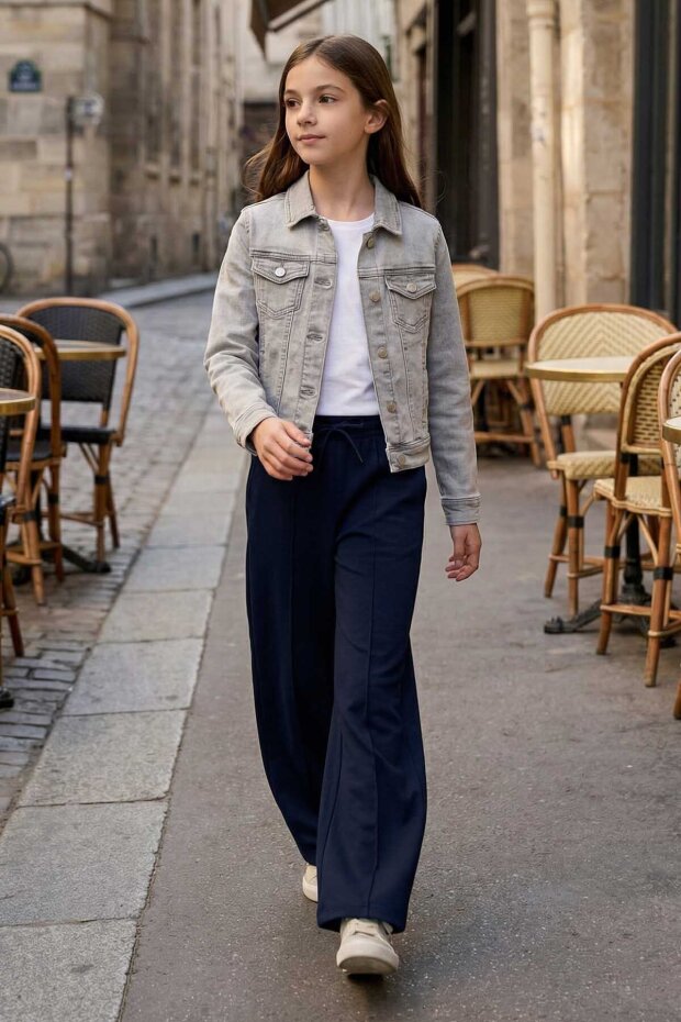 Lacivert Cepli Ön Dikiş Detaylı Geniş Paça Kız Çocuk Eşofman Altı -75144 - 1