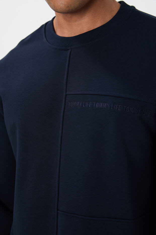 Lacivert Kompakt Pamuklu Kalın Pürüzsüz Dokulu O Yaka Standart Fit Erkek Sweatshirt -88405 - 3