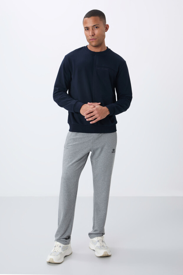 Lacivert Kompakt Pamuklu Kalın Pürüzsüz Dokulu O Yaka Standart Fit Erkek Sweatshirt -88405 - 2