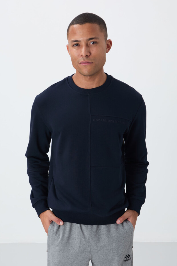 Lacivert Kompakt Pamuklu Kalın Pürüzsüz Dokulu O Yaka Standart Fit Erkek Sweatshirt -88405 - 4