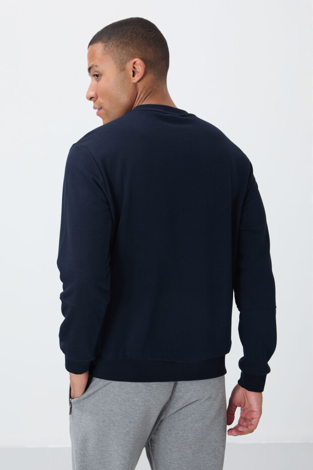 Lacivert Kompakt Pamuklu Kalın Pürüzsüz Dokulu O Yaka Standart Fit Erkek Sweatshirt -88405 - 5
