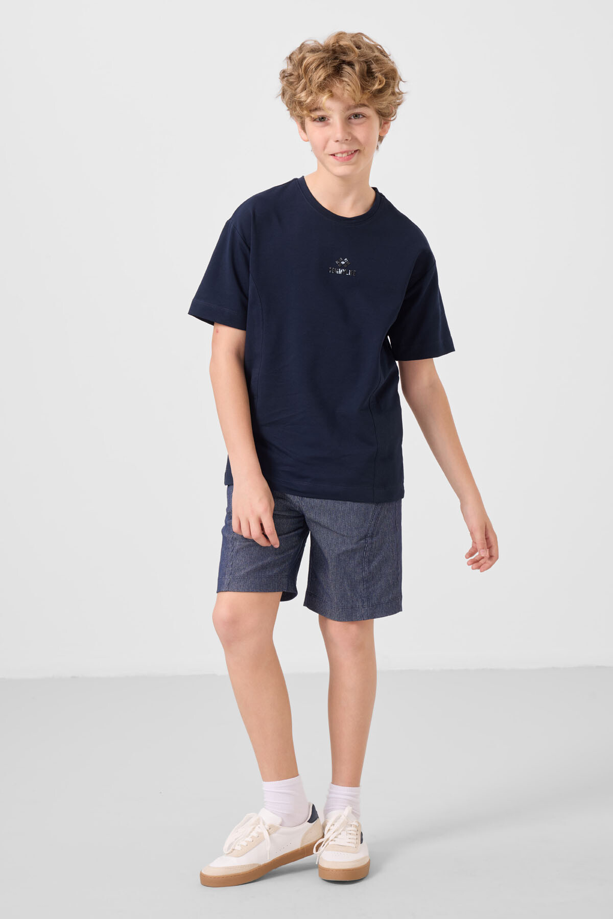 Lacivert-Kot Lacivert Pamuklu Oversize Fit Dokuma Hafif Esnek Chino Erkek Çocuk Şort Takım - 11276 - TOMMYLIFE