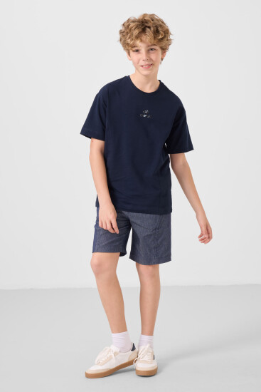 Lacivert-Kot Lacivert Pamuklu Oversize Fit Dokuma Hafif Esnek Chino Erkek Çocuk Şort Takım - 11276 - Thumbnail