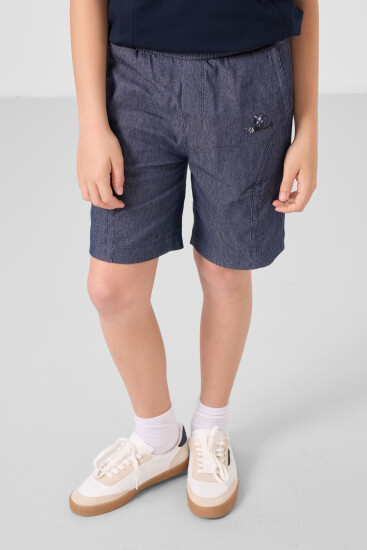 Lacivert-Kot Lacivert Pamuklu Oversize Fit Dokuma Hafif Esnek Chino Erkek Çocuk Şort Takım - 11276 - Thumbnail